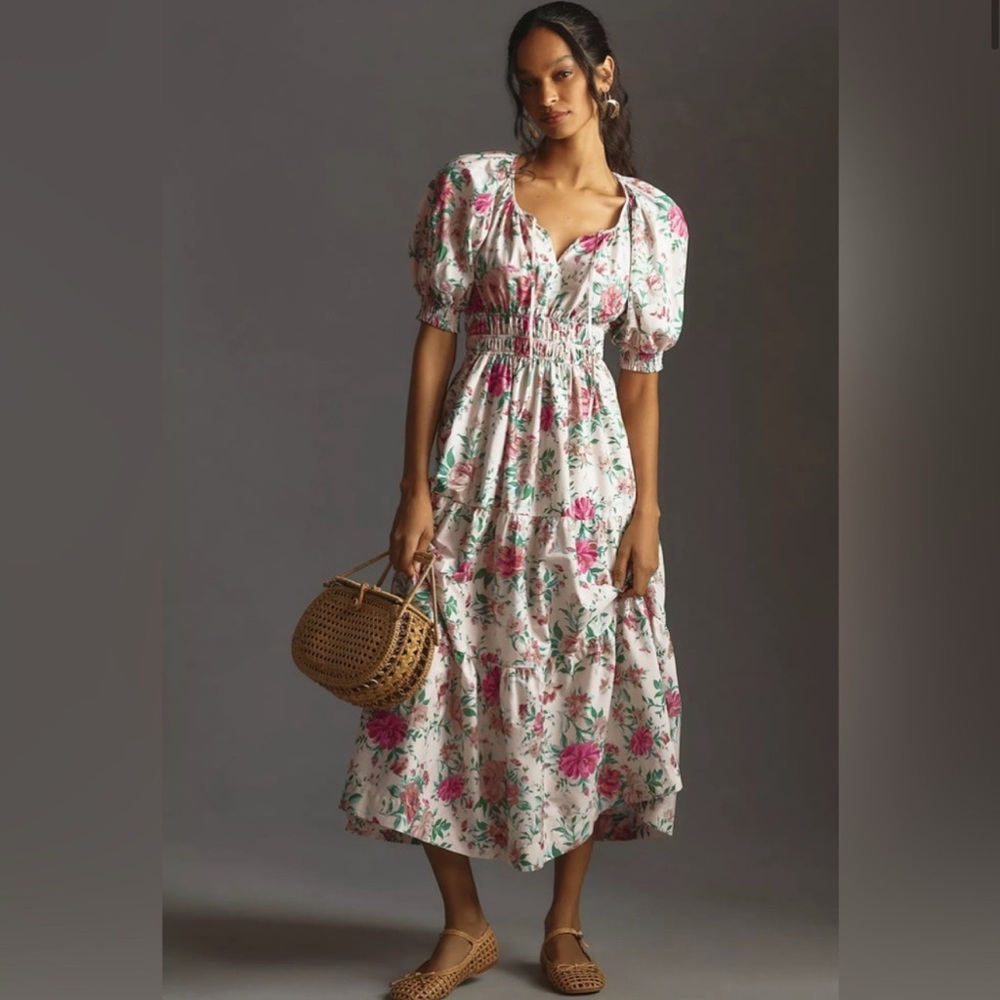 Anthropologie White and Pink Ruffled Tiered Sundress